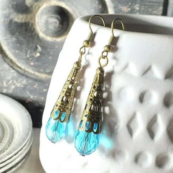 Bronze Faceted Crystal Turquoise Blue Antiqued Filigree Teardrop Earrings - Picture 1 of 8